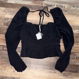 Free People Black Long-Sleeve Smocked Peplum Top - Women